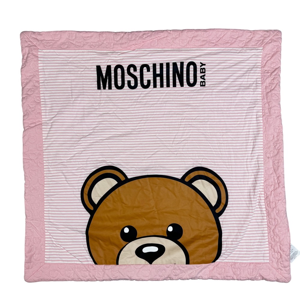 Moschino Baby Quilted Blanket Pink Teddy Bear Stripe 100% Cotton One Size